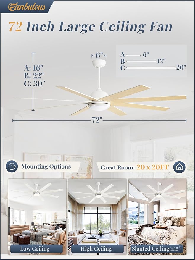 White Ceiling Fans with Lights, 72 inch Large Ceiling Fans with Light and Remote for Living Room Patio, 6 Speeds, Reversible
