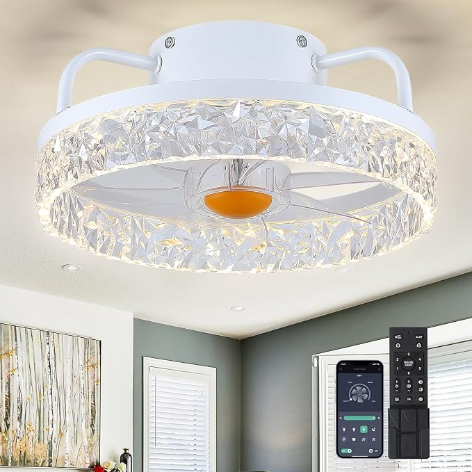 White Ceiling Fans with Lights and Remote - Low Profile Flush Mount Ceiling Fans - 13” Modern Bladeless Enclosed
