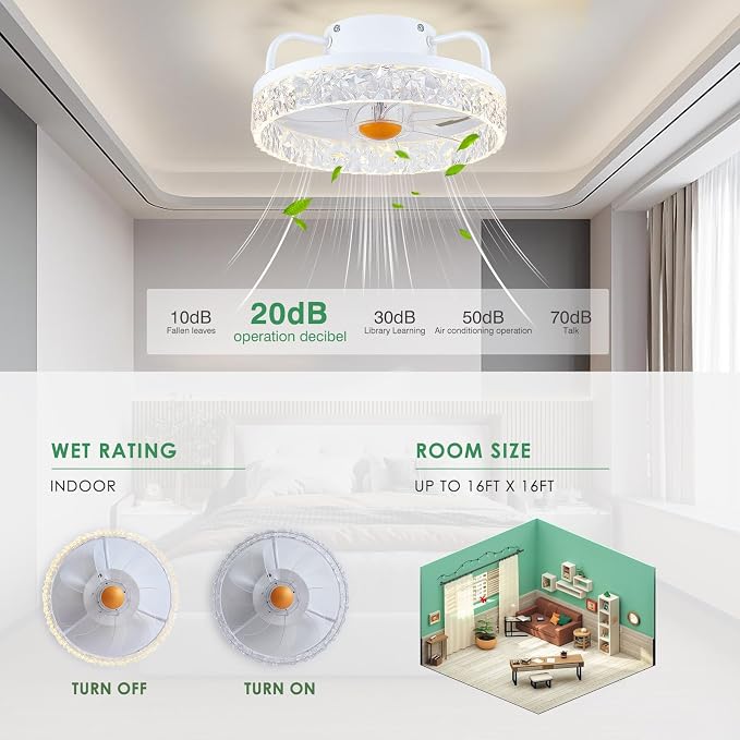 White Ceiling Fans with Lights and Remote - Low Profile Flush Mount Ceiling Fans - 13” Modern Bladeless Enclosed, alternate