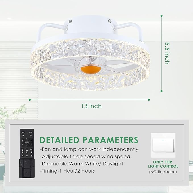 White Ceiling Fans with Lights and Remote - Low Profile Flush Mount Ceiling Fans - 13” Modern Bladeless Enclosed, alternate