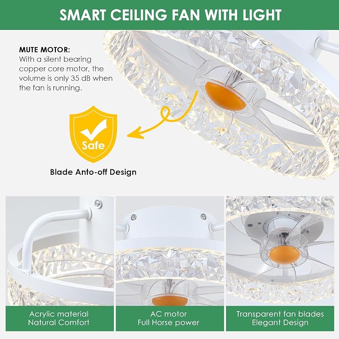White Ceiling Fans with Lights and Remote - Low Profile Flush Mount Ceiling Fans - 13” Modern Bladeless Enclosed, alternate