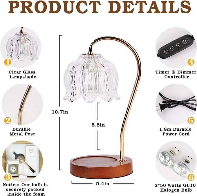 White Clear Candle Warmer Lamp with Timer Dimmer, Flower Candle lamp Warmer, 2 Bulbs, Wax Melter Warmer for Jar Scented