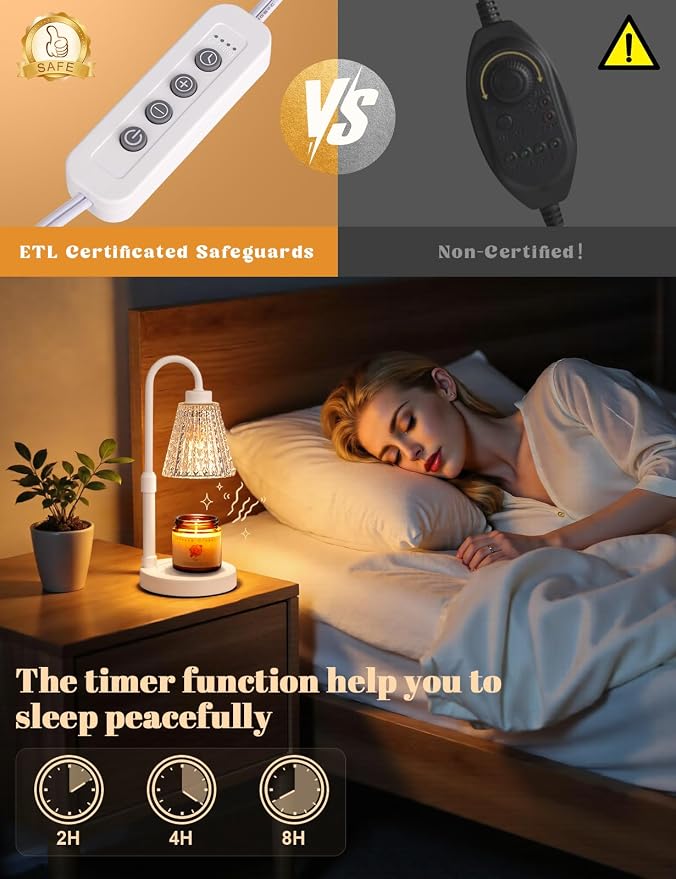 White Crystal Candle Warmer Lamp with Timer, Dimmable Candle Warmer for Jar Candles, Height Adjustable Wax Melts Warmer
