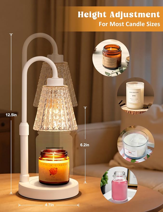 White Crystal Candle Warmer Lamp with Timer, Dimmable Candle Warmer for Jar Candles, Height Adjustable Wax Melts Warmer