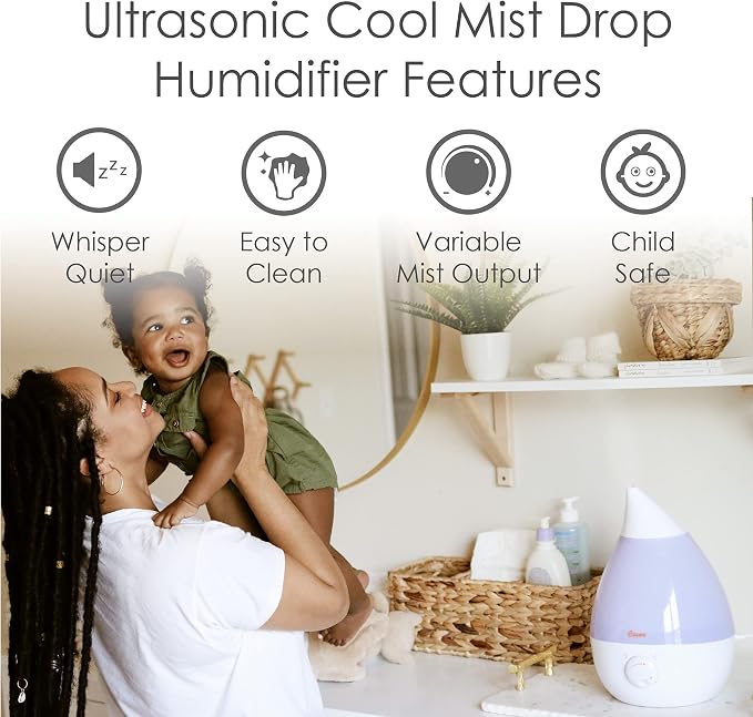 White Drop Ultrasonic Cool Mist Teardrop Humidifier, 1 Gallon Tank, Baby Humidifier for Nursery, Bedroom, Plants, Office
