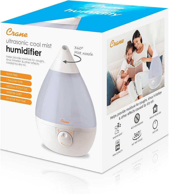 White Drop Ultrasonic Cool Mist Teardrop Humidifier, 1 Gallon Tank, Baby Humidifier for Nursery, Bedroom, Plants, Office