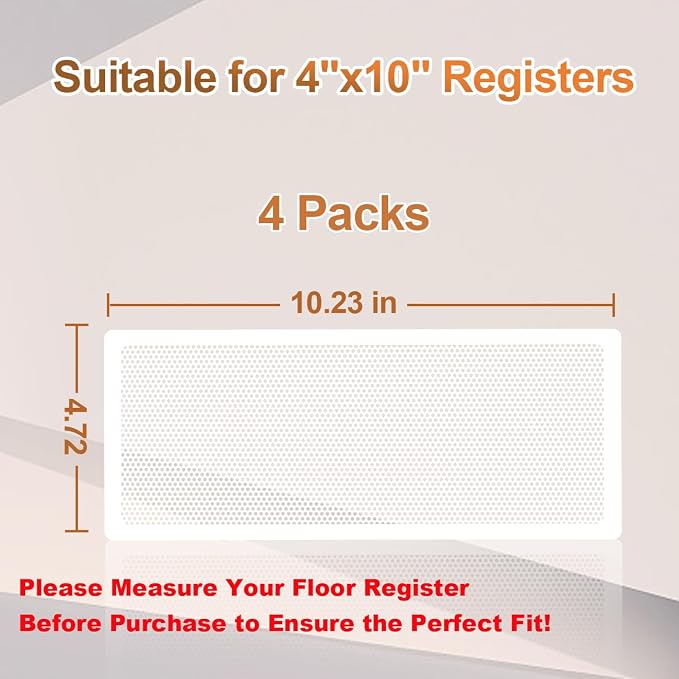 White Floor Register Vent Screen Cover 4"x10" Magnetic, Perfect for Wall/Ceiling/Floor Air Vent Filters (4-Packs), alternate
