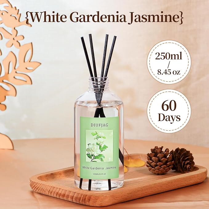 White Gardenia Jasmine Diffuser with 20 Black Fiber Sticks, 6.7 oz Diffusers for Home Essentials Bathroom,Last up to 60 Days