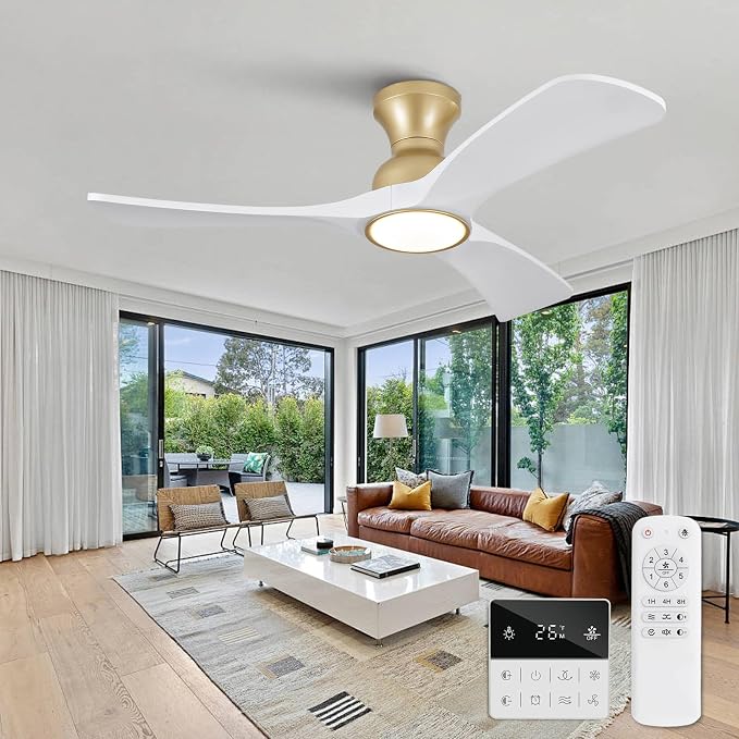White Gold Ceiling Fans with Lights Flush Mount,42 inch Solid Wood,Remote Control,Wall Switch,Dimmable,Reversible,Power off