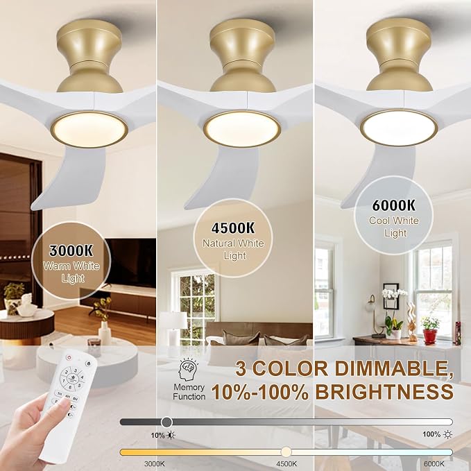 White Gold Ceiling Fans with Lights Flush Mount,42 inch Solid Wood,Remote Control,Wall Switch,Dimmable,Reversible,Power off