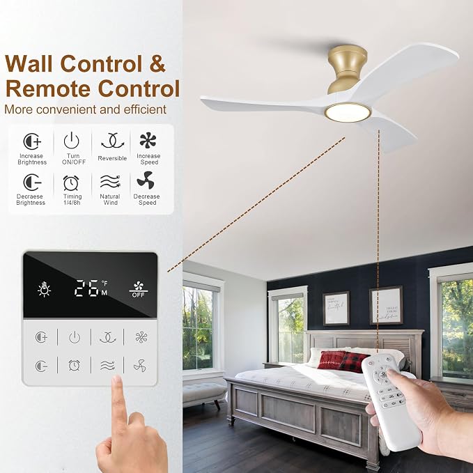 White Gold Ceiling Fans with Lights Flush Mount,42 inch Solid Wood,Remote Control,Wall Switch,Dimmable,Reversible,Power off