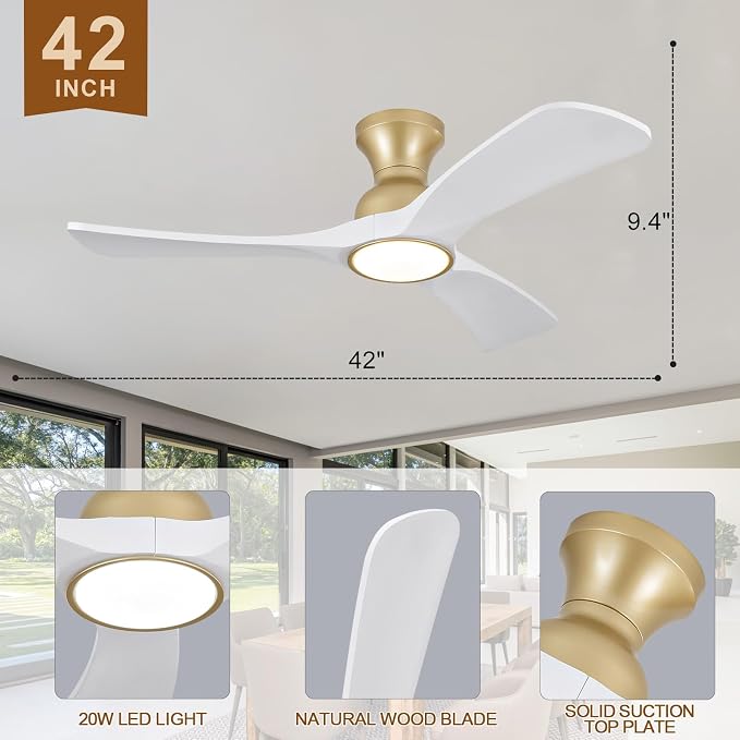 White Gold Ceiling Fans with Lights Flush Mount,42 inch Solid Wood,Remote Control,Wall Switch,Dimmable,Reversible,Power off