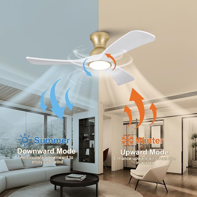 White Gold Ceiling Fans with Lights Flush Mount,42 inch Solid Wood,Remote Control,Wall Switch,Dimmable,Reversible,Power off