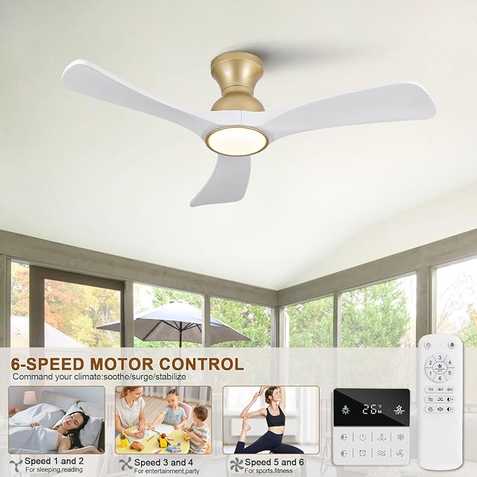 White Gold Ceiling Fans with Lights Flush Mount,42 inch Solid Wood,Remote Control,Wall Switch,Dimmable,Reversible,Power off
