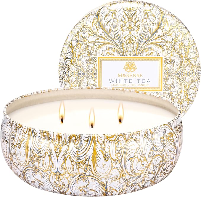 White Tea Scented Candles 12 oz, Large 3 Wick Soy Tin Candle, Over 40 Hour Burning Time, 100% Natural Vegan Wax, Relaxing