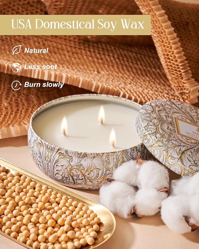 White Tea Scented Candles 12 oz, Large 3 Wick Soy Tin Candle, Over 40 Hour Burning Time, 100% Natural Vegan Wax, Relaxing