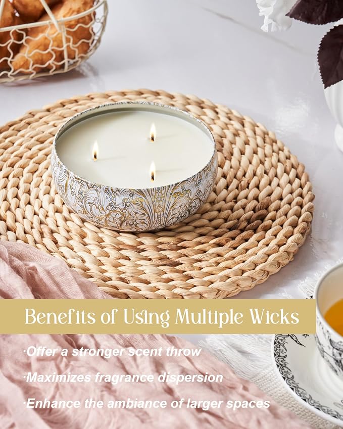 White Tea Scented Candles 12 oz, Large 3 Wick Soy Tin Candle, Over 40 Hour Burning Time, 100% Natural Vegan Wax, Relaxing