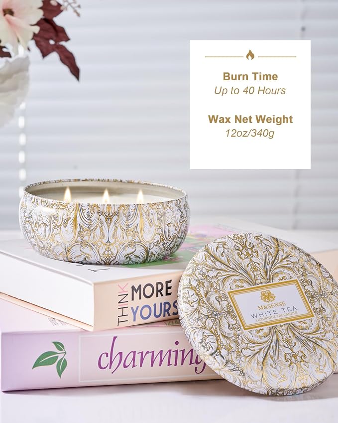 White Tea Scented Candles 12 oz, Large 3 Wick Soy Tin Candle, Over 40 Hour Burning Time, 100% Natural Vegan Wax, Relaxing