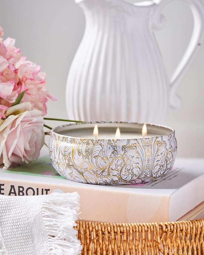 White Tea Scented Candles 12 oz, Large 3 Wick Soy Tin Candle, Over 40 Hour Burning Time, 100% Natural Vegan Wax, Relaxing