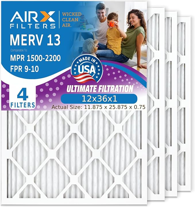 WICKED CLEAN AIR. 12x36x1 Air Filter MERV 13 Electrostatic Pleated Air Conditioner Filter 4 Pack HVAC AC Furnace