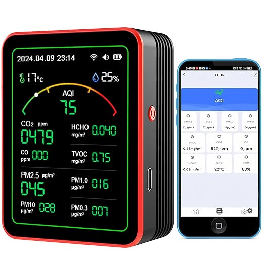 WiFi Air Quality Monitor,15-in-1 Smart Air Quality Tester with PM, CO2, CO, TVOC, HCHO, PM, AQI, Temperature & Humidity