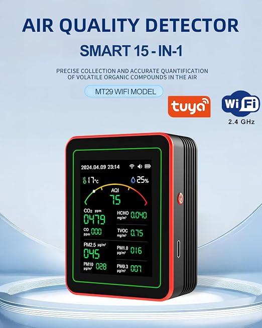 WiFi Air Quality Monitor,15-in-1 Smart Air Quality Tester with PM, CO2, CO, TVOC, HCHO, PM, AQI, Temperature & Humidity