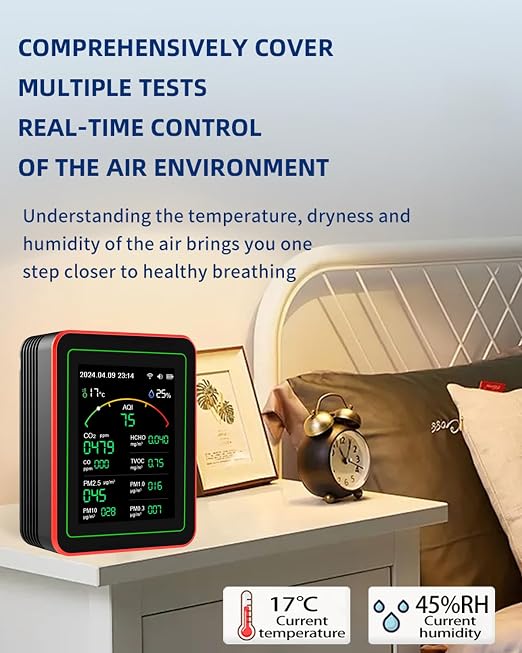 WiFi Air Quality Monitor,15-in-1 Smart Air Quality Tester with PM, CO2, CO, TVOC, HCHO, PM, AQI, Temperature & Humidity