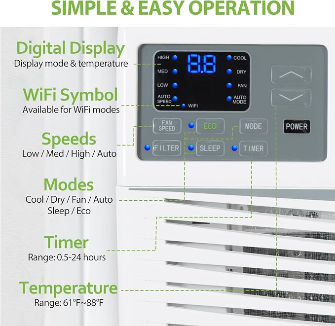 WiFi Enabled 12,000 BTU Window Air Conditioner, Smart Window AC Unit with Remote, Energy Saving, Easy Install Kit, Cools up