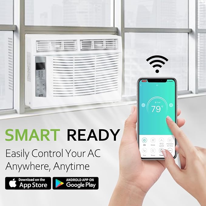 WiFi Enabled 6,000 BTU Window Air Conditioner, Smart Window AC Unit with Remote, Energy Saving, Easy Install Kit, Cools up to