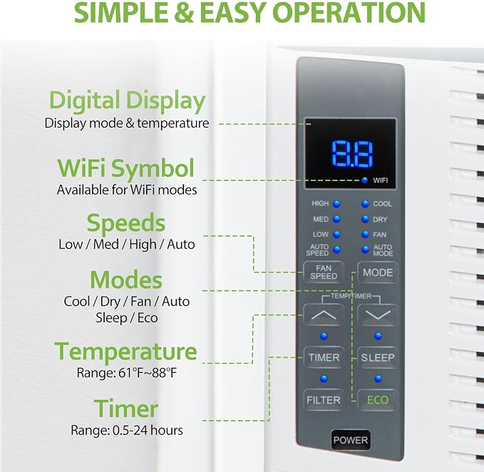 WiFi Enabled 6,000 BTU Window Air Conditioner, Smart Window AC Unit with Remote, Energy Saving, Easy Install Kit, Cools up to