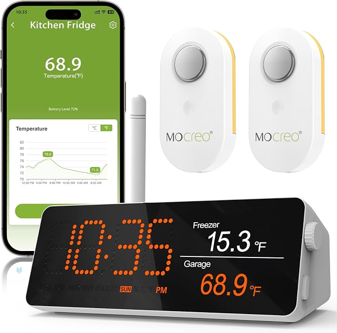 WiFi Remote Thermometer Freezer Alarm, 1/3 Mile Long Range, IP66 Waterproof, App Email Alert, with Digital Monitor Hub, 2