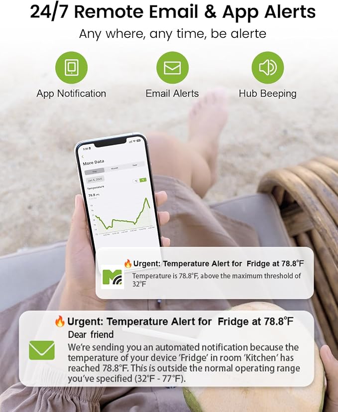 WiFi Remote Thermometer Freezer Alarm, 1/3 Mile Long Range, with IP67 Waterproof Probe, App Email Alert, with Digital Monitor