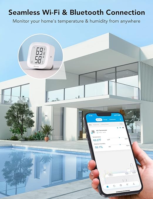 WiFi Thermometer Hygrometer H5103, Indoor Bluetooth Temperature Humidity Sensor with Electronic Ink Display, App Notification