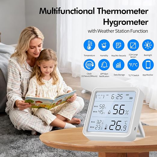 WiFi Thermometer Hygrometer, Wireless Indoor Humidity Monitor for Room, Smart Temperature Sensor with App Control, Large LCD