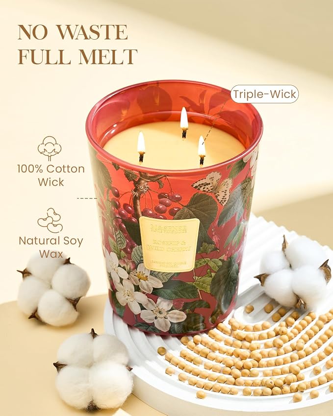 Wild Cherry Soy Large Candles, 3-Wick 35oz 150H Slow Burning, Aromatherapy Candle for Home Fragrance Romantic Winter Gifts