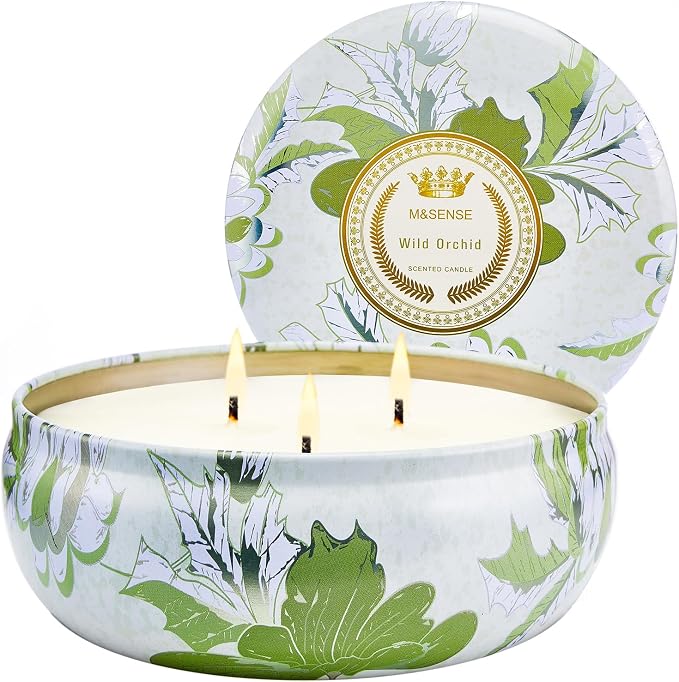 Wild Orchid Scented Candles, Large 3 Wick Soy Tin Candle, Over 40 Hour Burning Time, 100% Natural Vegan Wax, Relaxing
