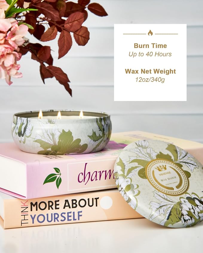 Wild Orchid Scented Candles, Large 3 Wick Soy Tin Candle, Over 40 Hour Burning Time, 100% Natural Vegan Wax, Relaxing