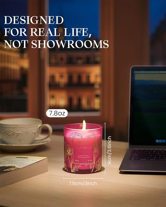 Wild Peony Floral Soy Candles, Vegan Subtle Scented 8.1oz 42-Hour Long Lasting, alternate product view 4