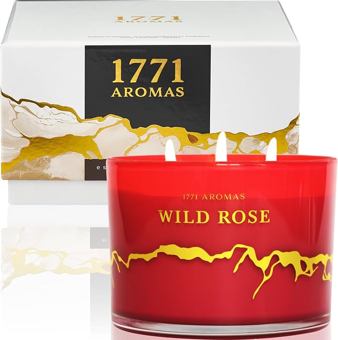 Wild Rose Scented Candles - 100% Natural Soy Wax - Large 3 Wick Jar Candle - Up to 50 Hours Burning Time - Candles for Home