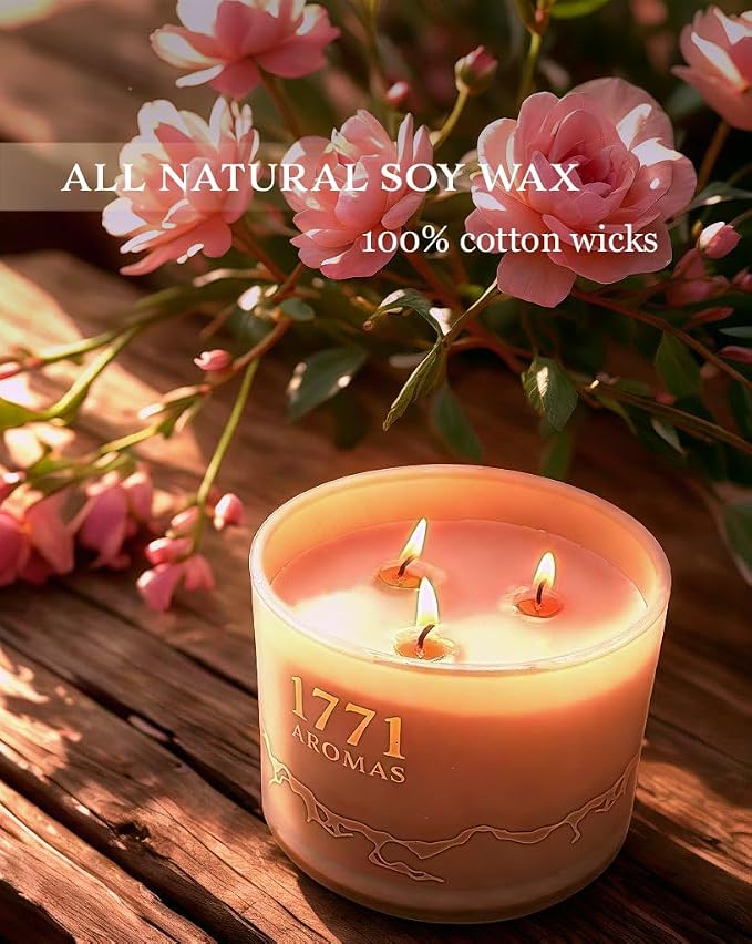 Wild Rose Scented Candles - 100% Natural Soy Wax - Large 3 Wick Jar Candle - Up to 50 Hours Burning Time - Candles for Home