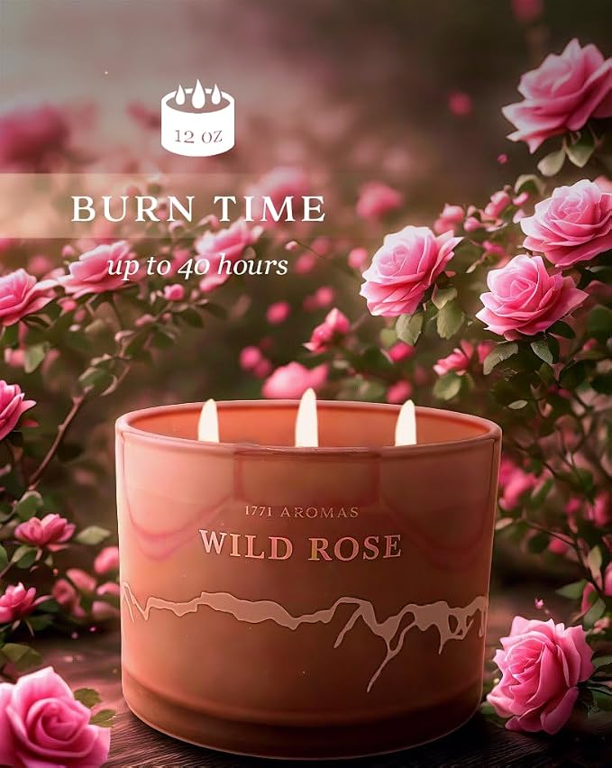 Wild Rose Scented Candles - 100% Natural Soy Wax - Large 3 Wick Jar Candle - Up to 50 Hours Burning Time - Candles for Home