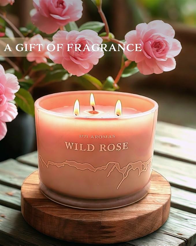 Wild Rose Scented Candles - 100% Natural Soy Wax - Large 3 Wick Jar Candle - Up to 50 Hours Burning Time - Candles for Home
