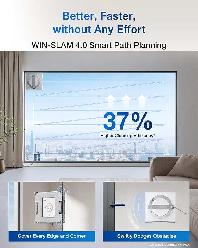 WINBOT W2 PRO Window Cleaning Robot, 3 Nozzles Water Sprayer, 10-Level Protection, Win-SLAM 4.0 Path Planning