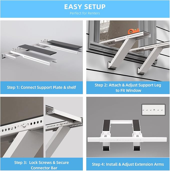 Window AC Support Bracket, No-Drill No-Tool Air Conditioner Support Bracket Adjustable Wall Mount, Heavy Duty Steel Holds Up
