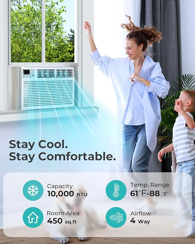 Window AC Unit, 10000 BTU Window Air Conditioner, Cool Rooms up to 450 Sq.Ft., 6-in-1 Modes,24H Timer, Energy Saving, Remote