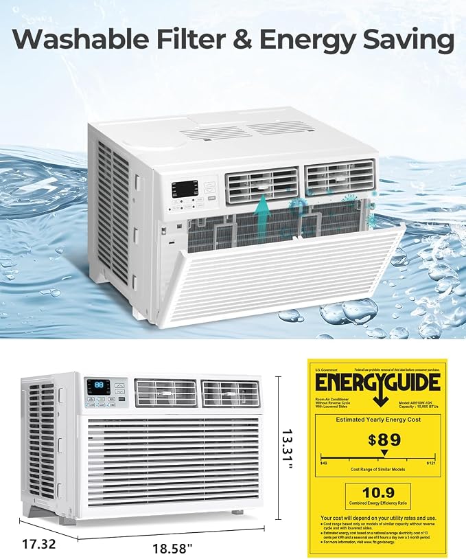 Window AC Unit, 10000 BTU Window Air Conditioner, Cool Rooms up to 450 Sq.Ft., 6-in-1 Modes,24H Timer, Energy Saving, Remote