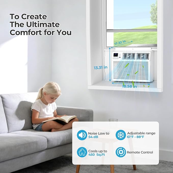 Window Air Conditioner 10,000 BTU, Air Conditioner Window Unit Up to 450 Sq.Ft,3 Fan Speeds,Easy Install,Energy