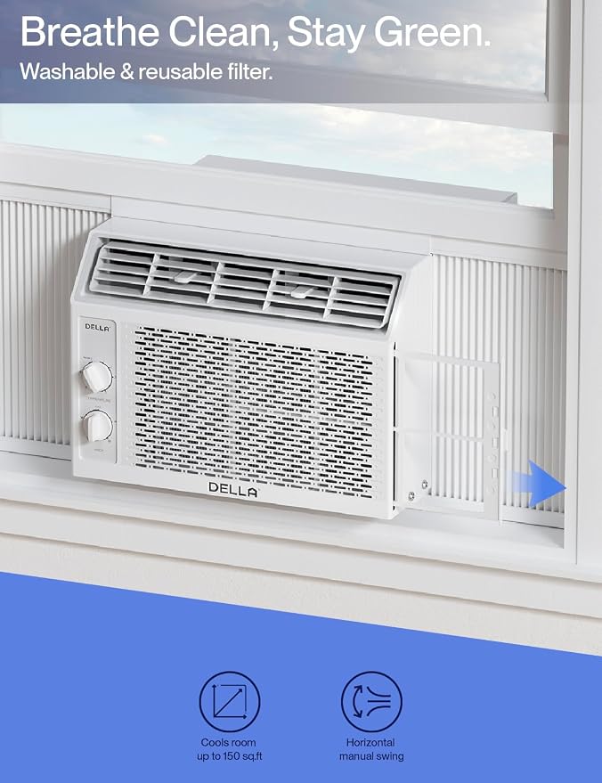 Window Air Conditioner, 5000 BTU Cools Up To 150 Sq. Ft, Reusable Filter, Easy Install Kit, Energy Saving AC Unit with Easy