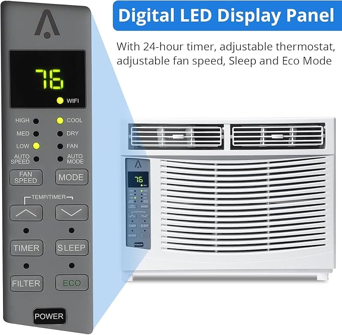 Window Air Conditioner, 6,000 BTU Capacity Covers 250 Sq Ft, Smart Home Compatible with Remote Control and with Wi-Fi