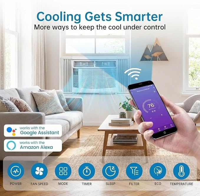 Window Air Conditioner, 6000 BTU Window AC Unit with WiFi and Remote Control for Rooms up to 250 Sq. Ft., Queit Operation and